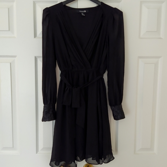 Sequined Cuff Surplice Black Dress - Picture 2 of 6